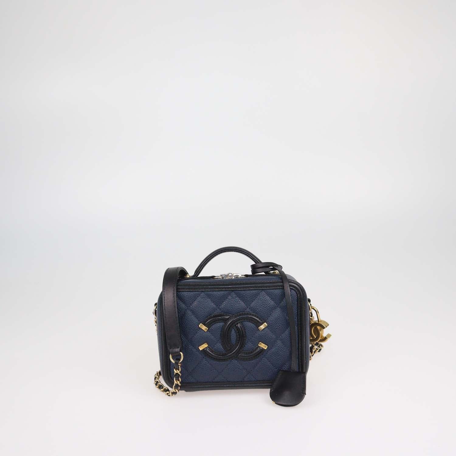 Chanel Navy Blue, Black Quilted Caviar Leather Small Vanity Case Bag