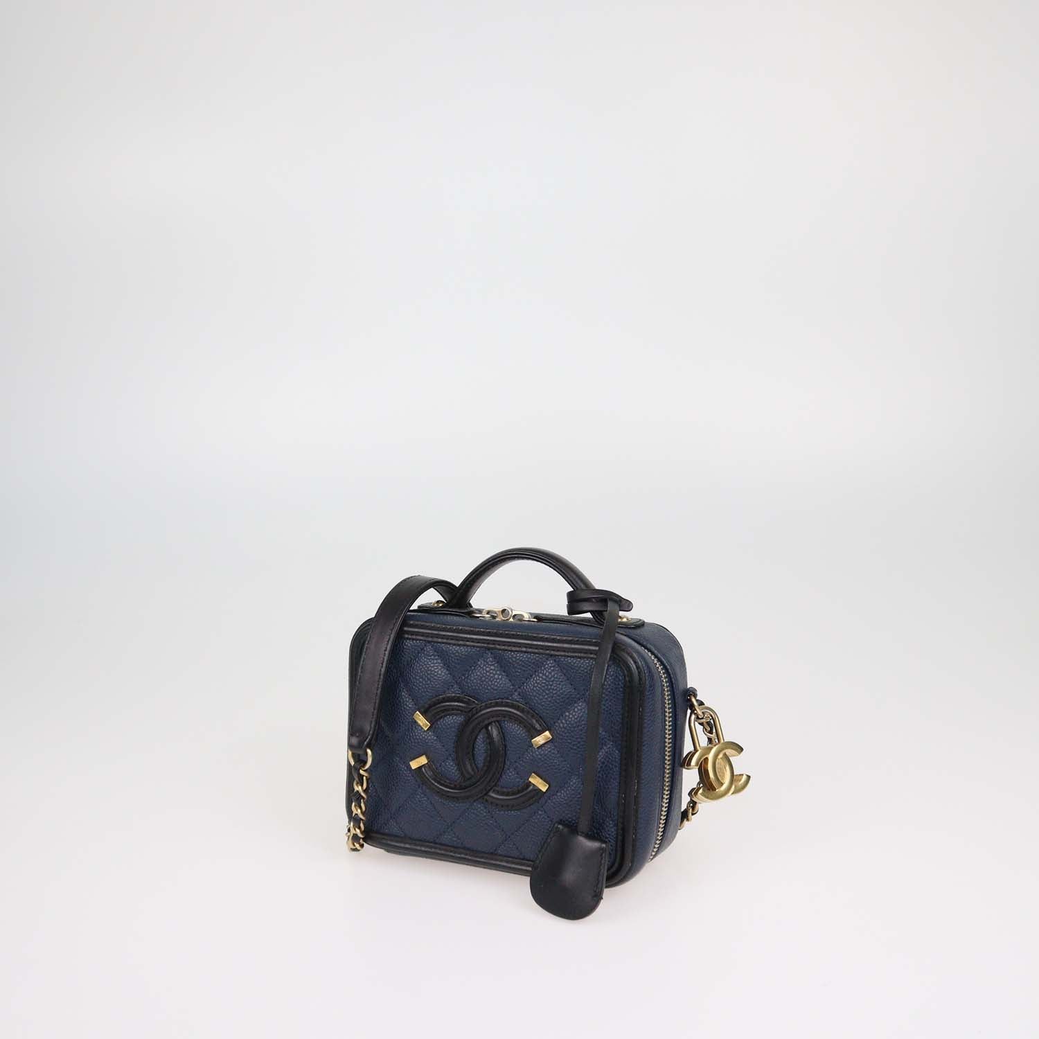 Chanel Navy Blue, Black Quilted Caviar Leather Small Vanity Case Bag