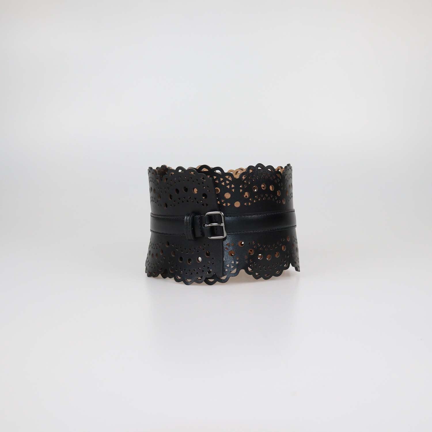 Alaia Black Leather Laser Cut Corset Belt
