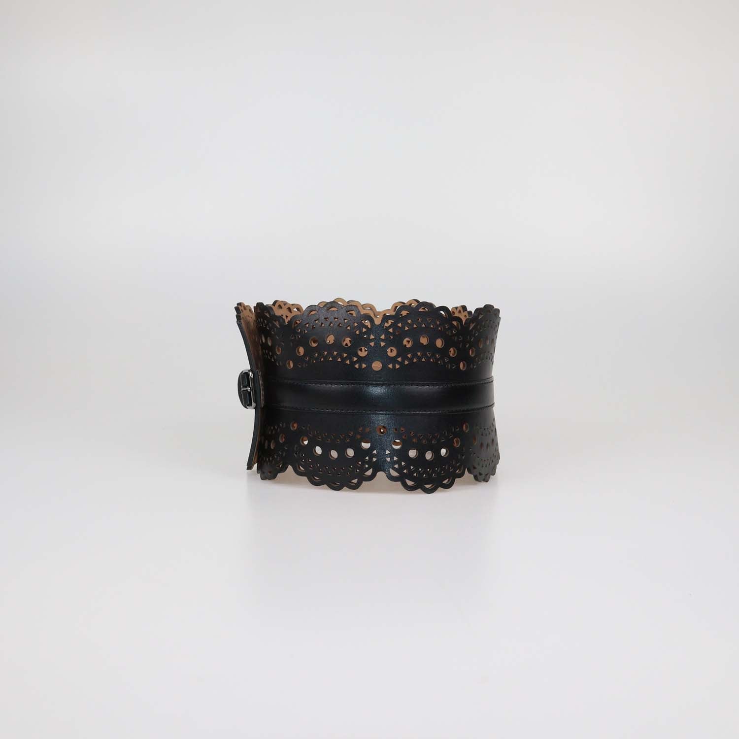 Alaia Black Leather Laser Cut Corset Belt