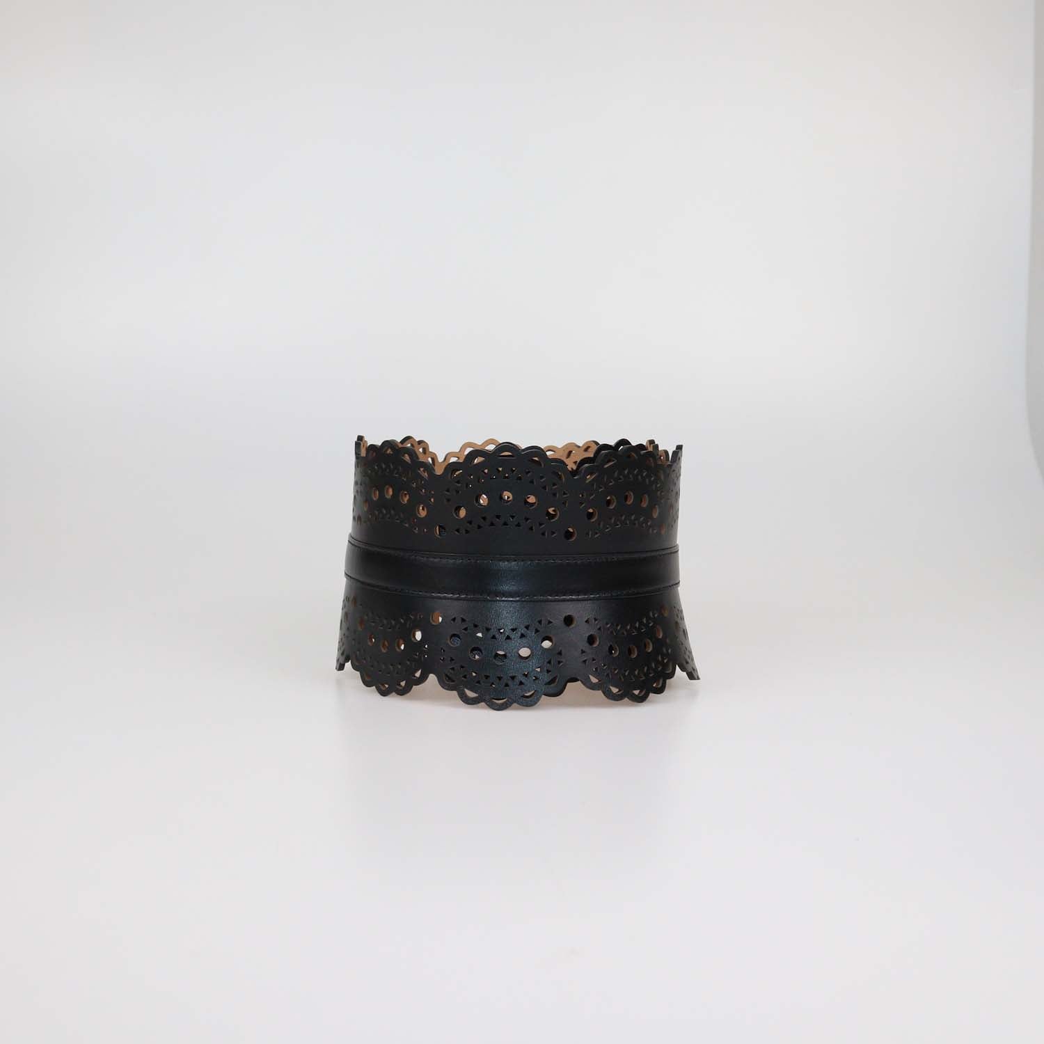 Alaia Black Leather Laser Cut Corset Belt
