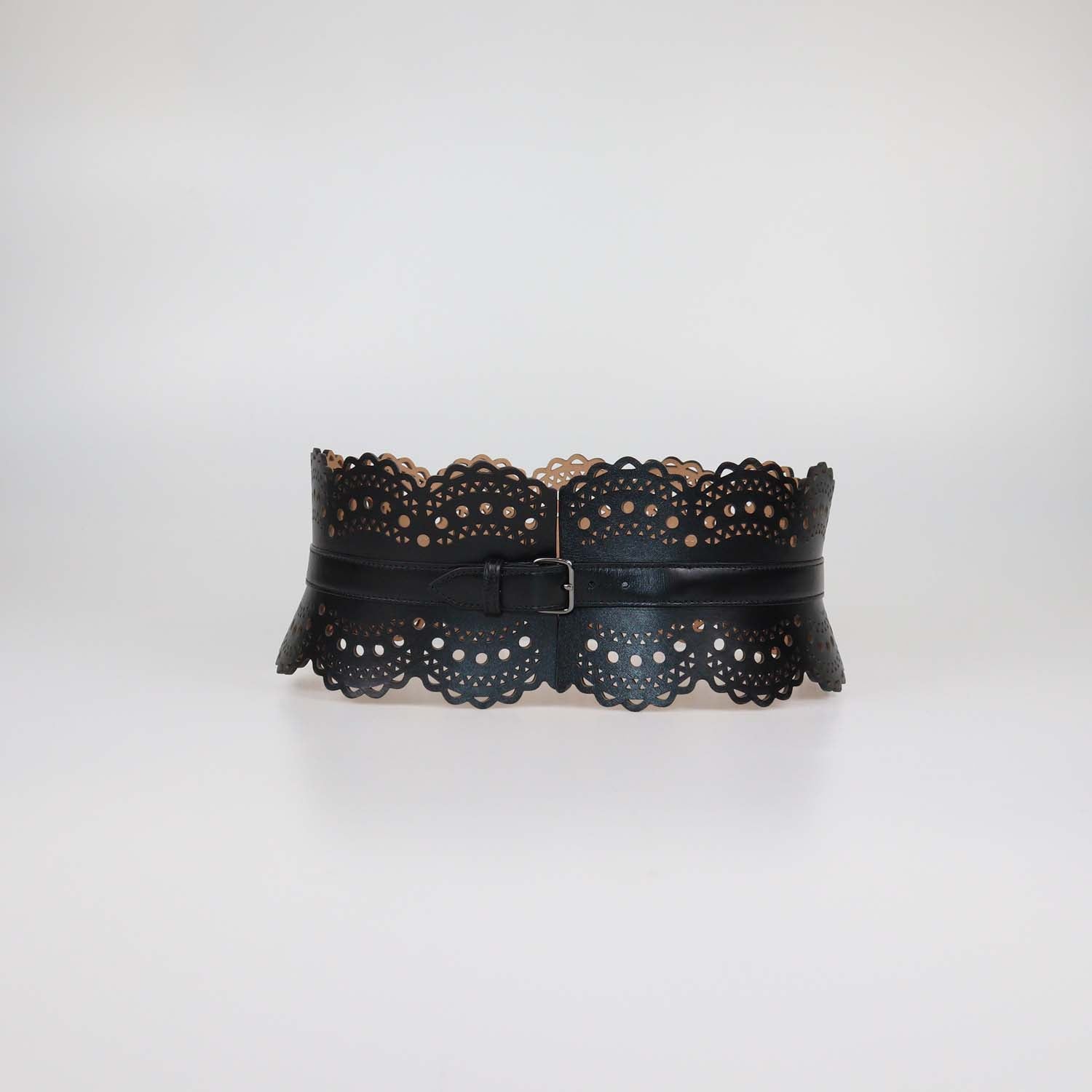 Alaia Black Leather Laser Cut Corset Belt