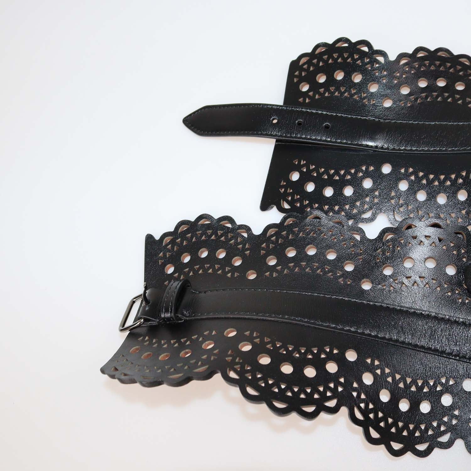 Alaia Black Leather Laser Cut Corset Belt