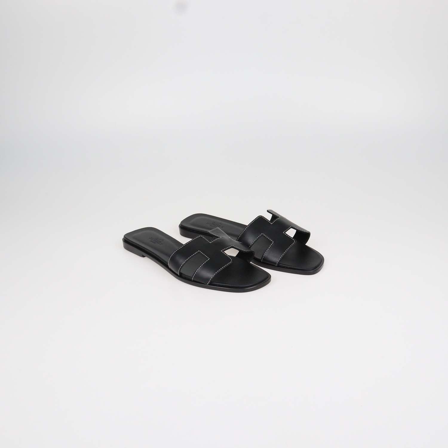 Hermes Black Box Calf Leather Oran Sandals