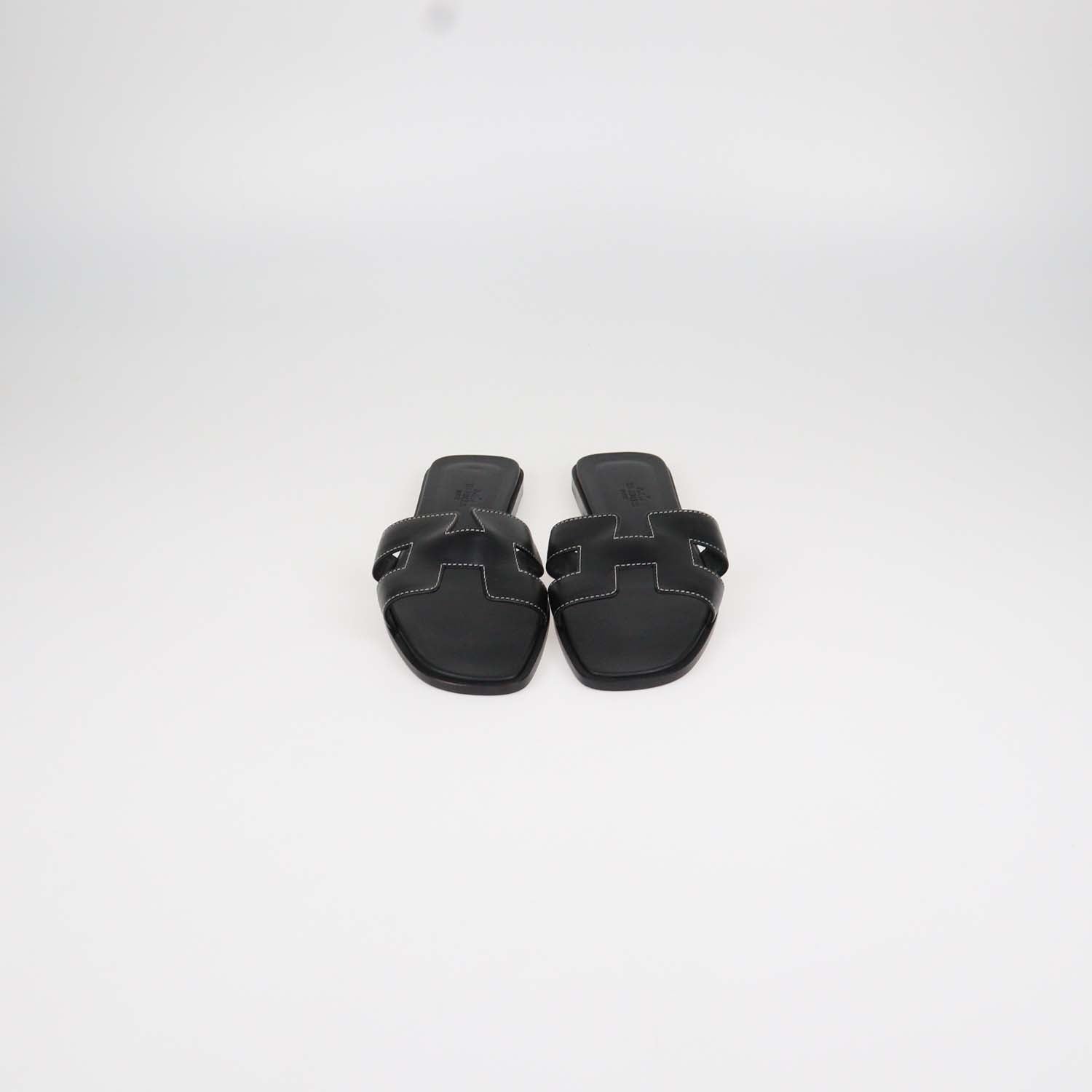 Hermes Black Box Calf Leather Oran Sandals