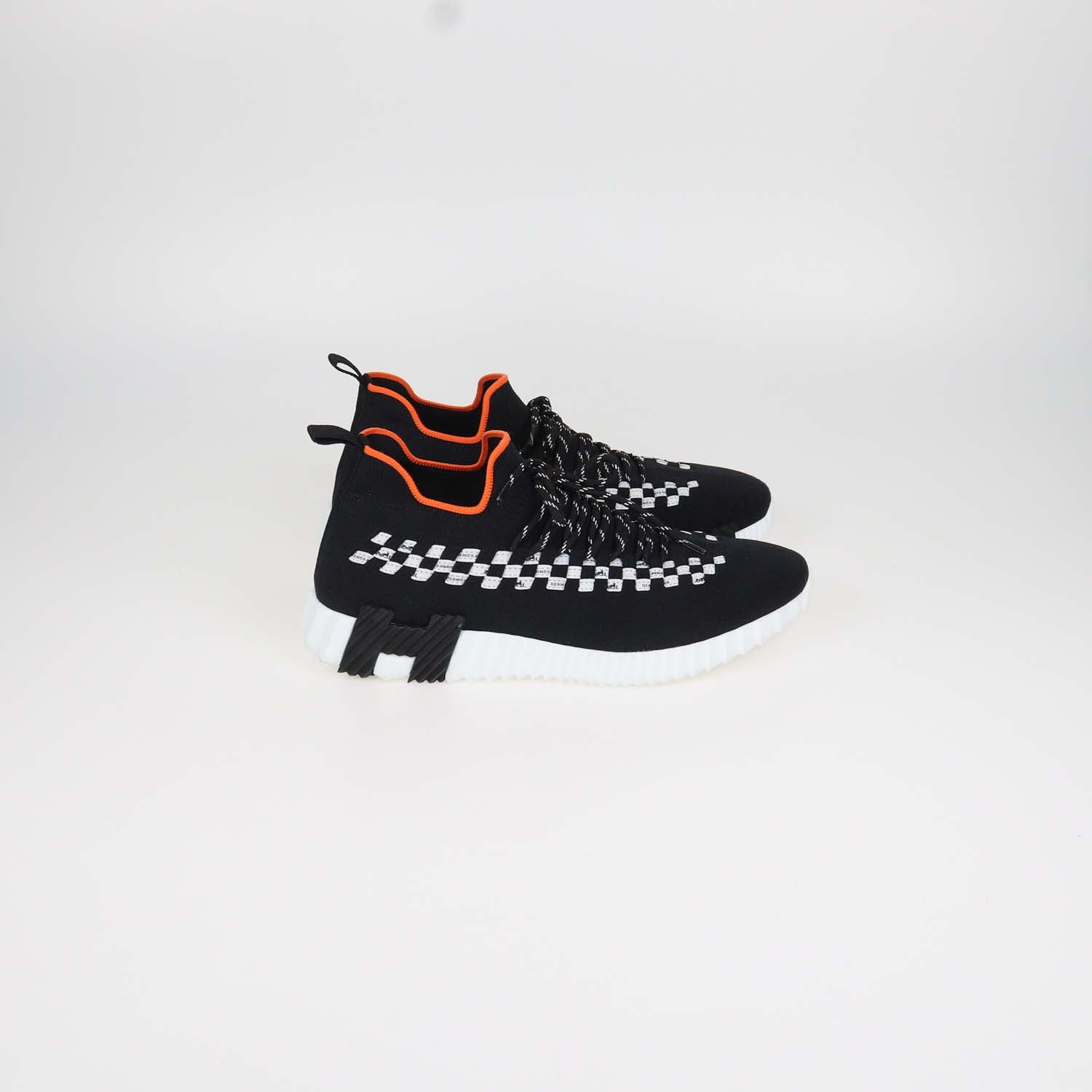 Hermes Black, White Knit Fabric Braided Bolduc Flex Slip-on Sneakers
