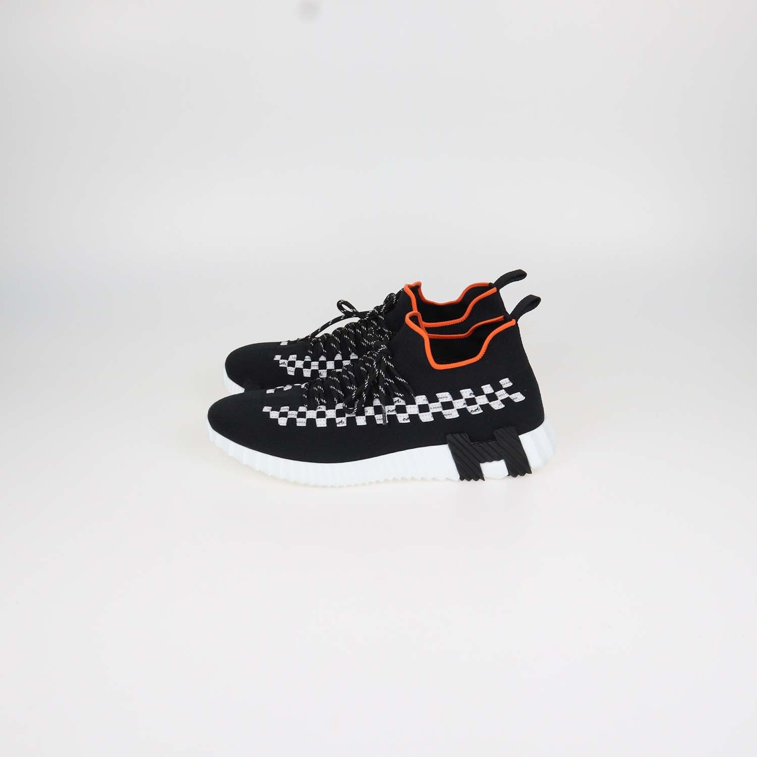 Hermes Black, White Knit Fabric Braided Bolduc Flex Slip-on Sneakers