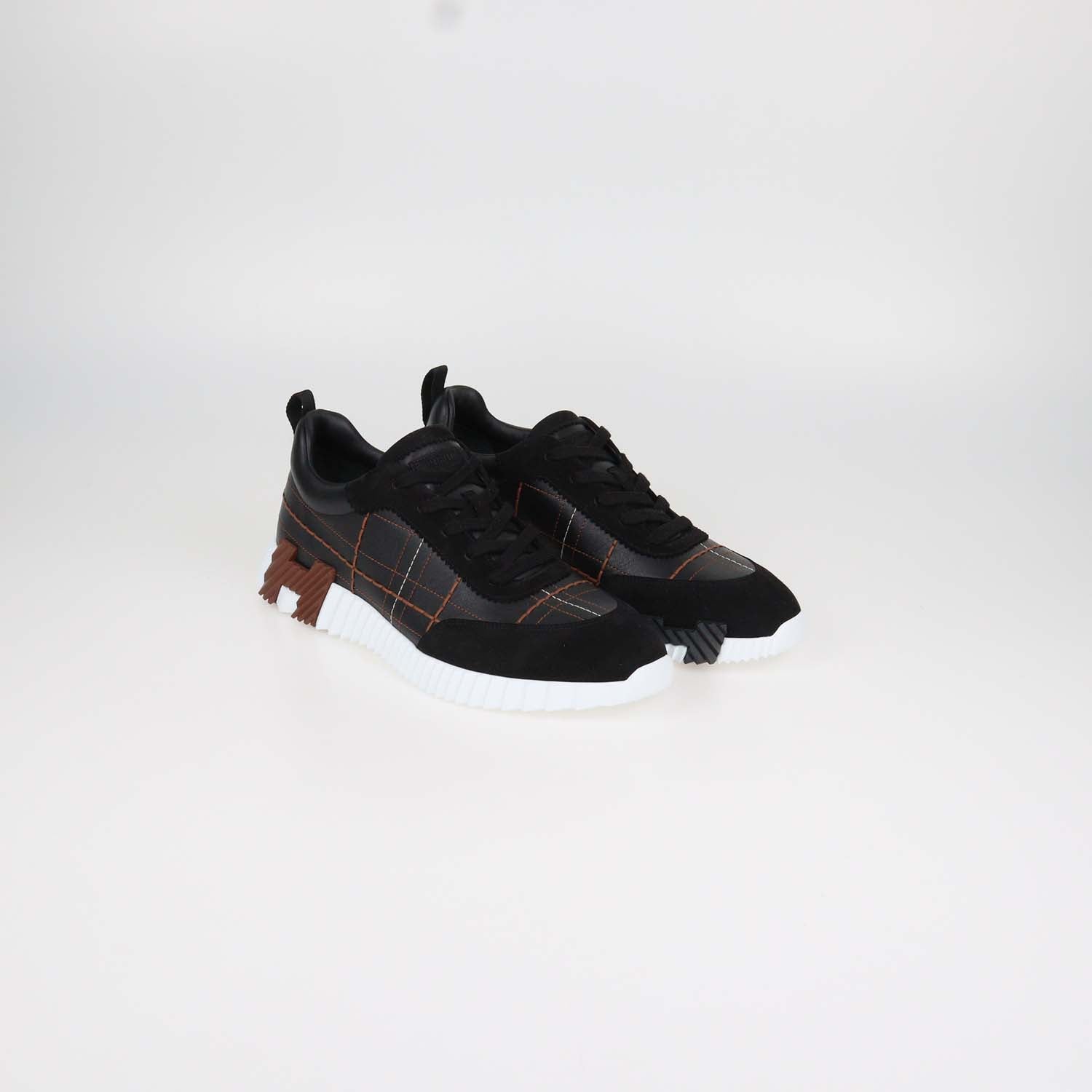 Hermes Black Leather and Suede Stitched Bouncing Sneakers