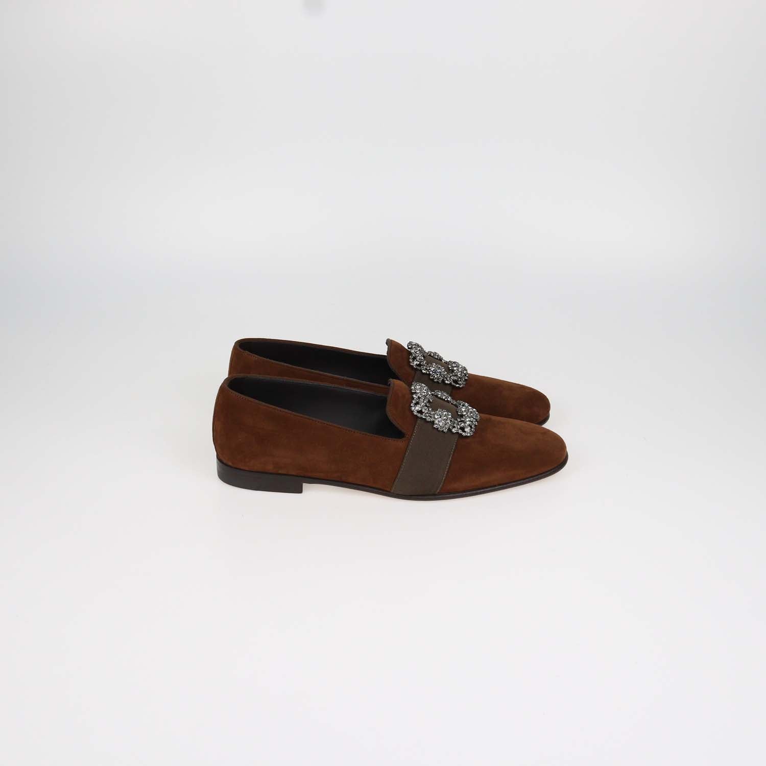 Manolo Blahnik Brown Suede Jewel Buckle Carlton Loafers