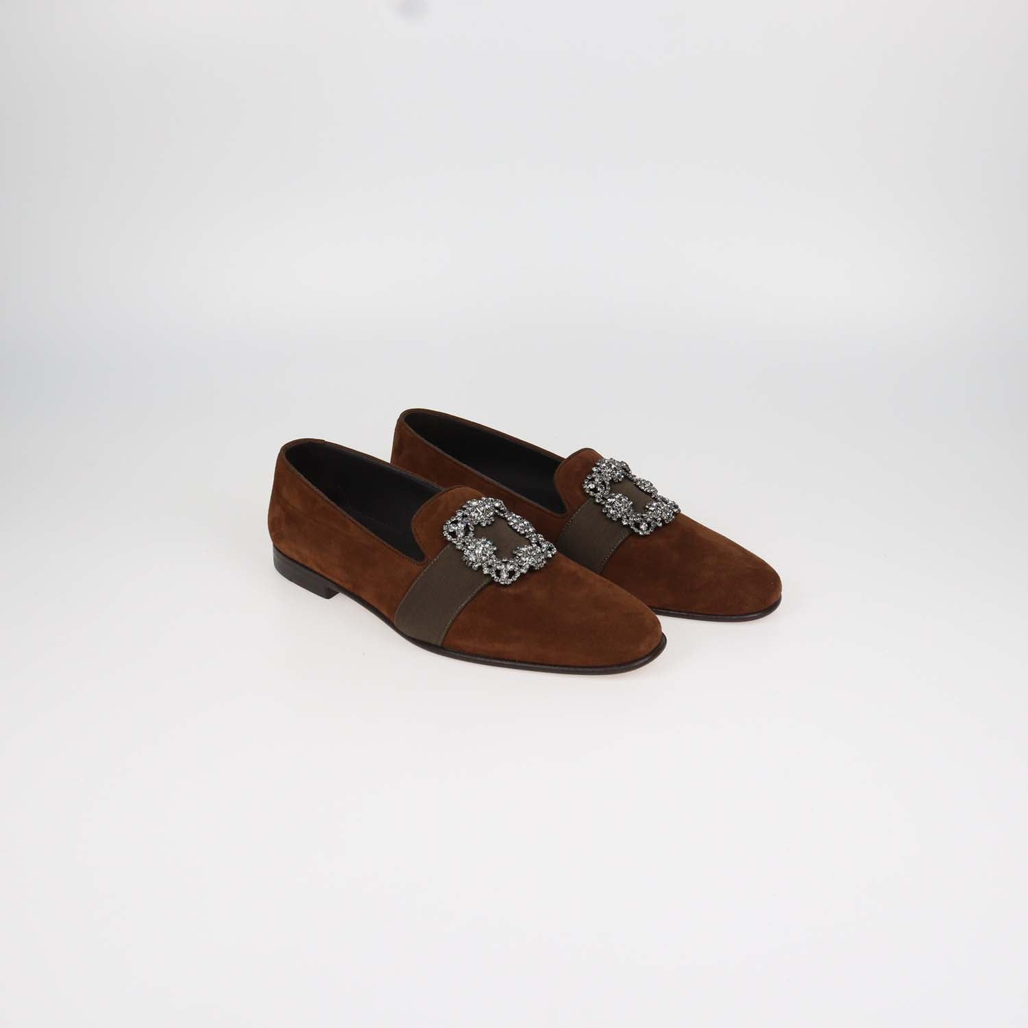Manolo Blahnik Brown Suede Jewel Buckle Carlton Loafers