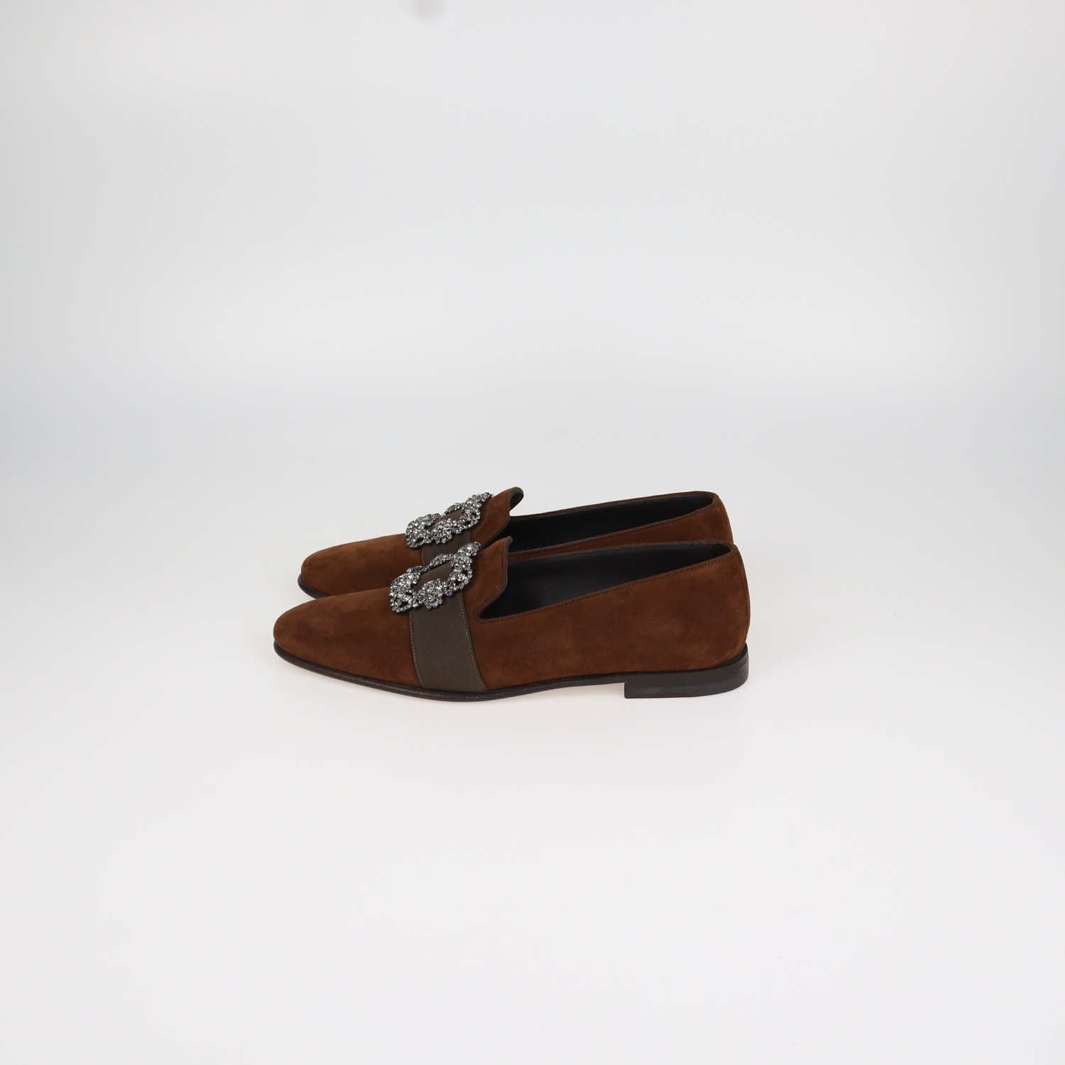 Manolo Blahnik Brown Suede Jewel Buckle Carlton Loafers