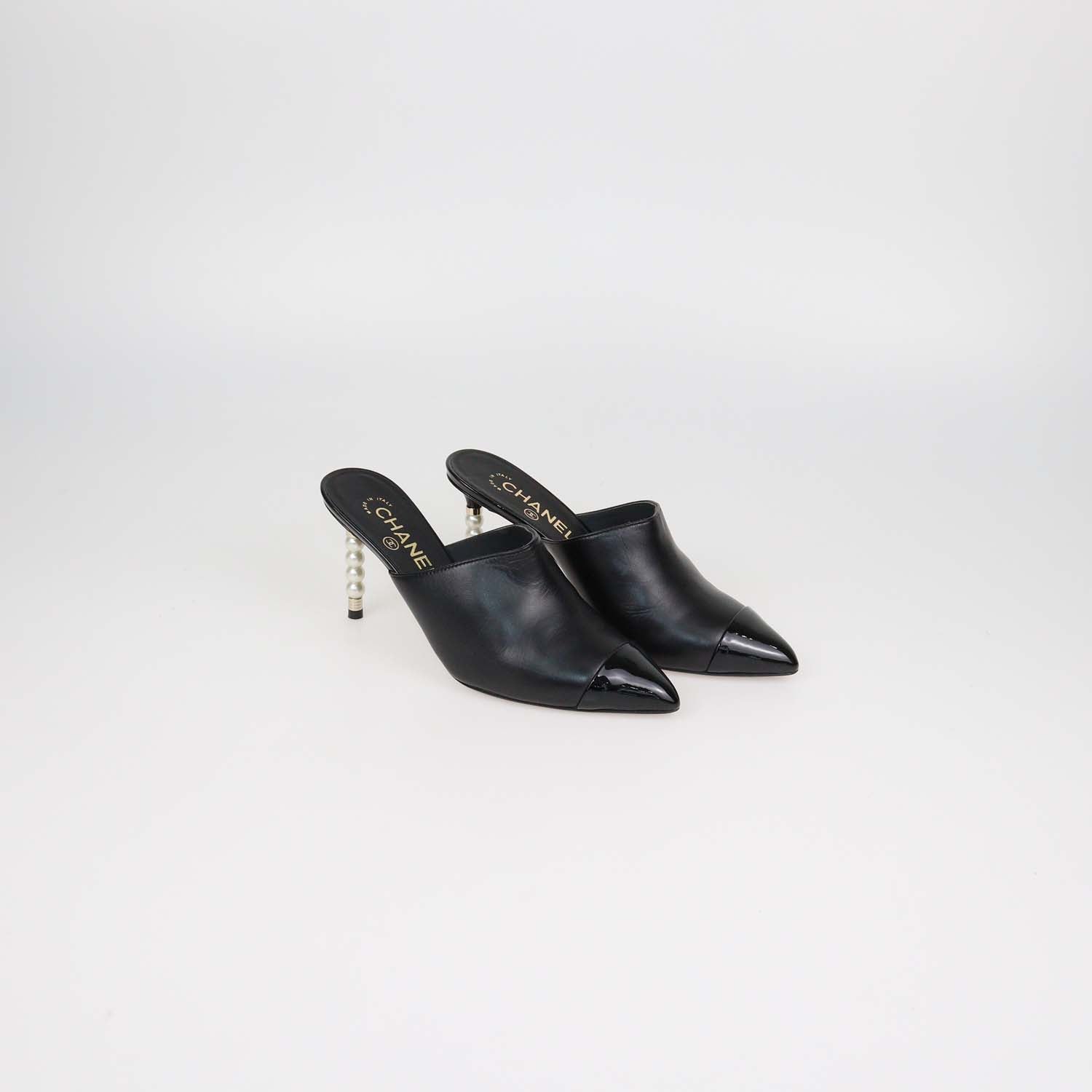 Chanel Black Leather and Patent Leather Pearl Heels Cap Toe Mules