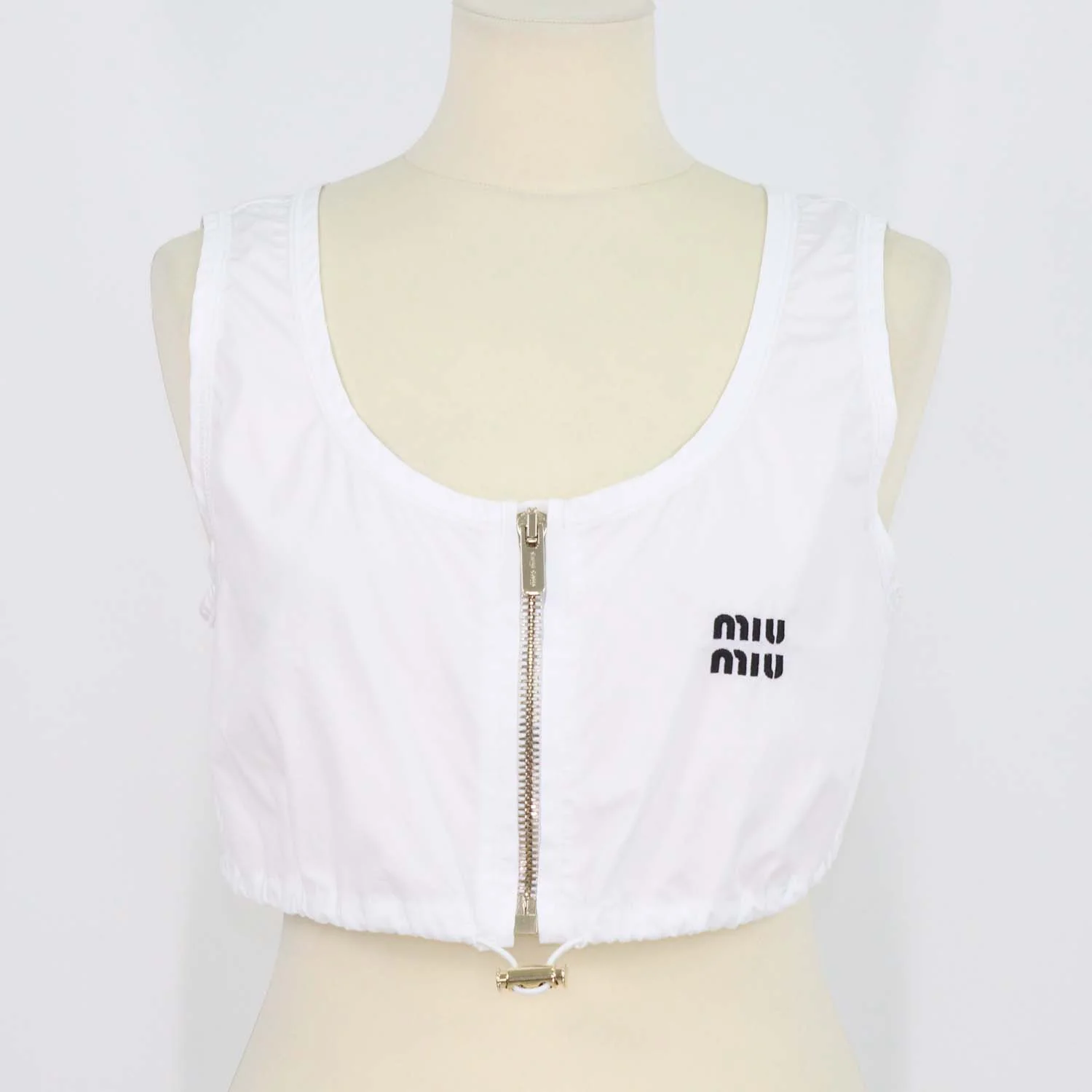 Miu Miu White Cotton Front Zip Drawstring Crop Top