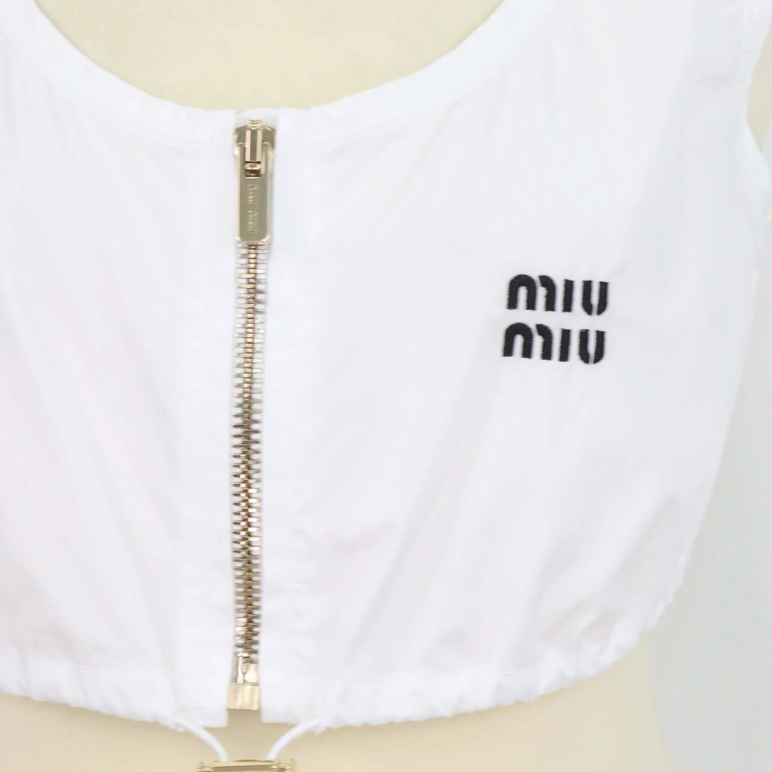 Miu Miu White Cotton Front Zip Drawstring Crop Top