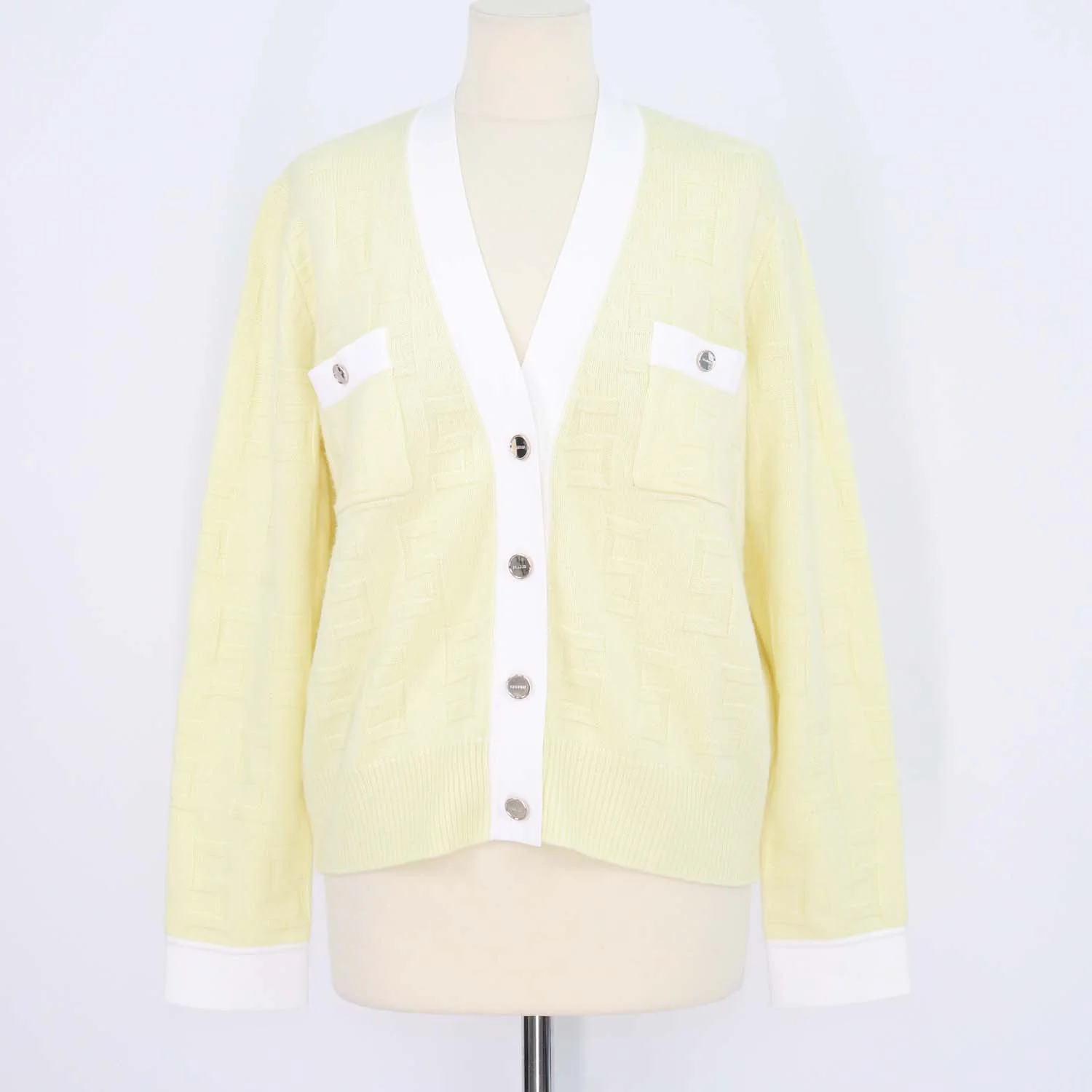 Sandro Yellow, White Wool Cashmere Monogram V Neck Cardigan