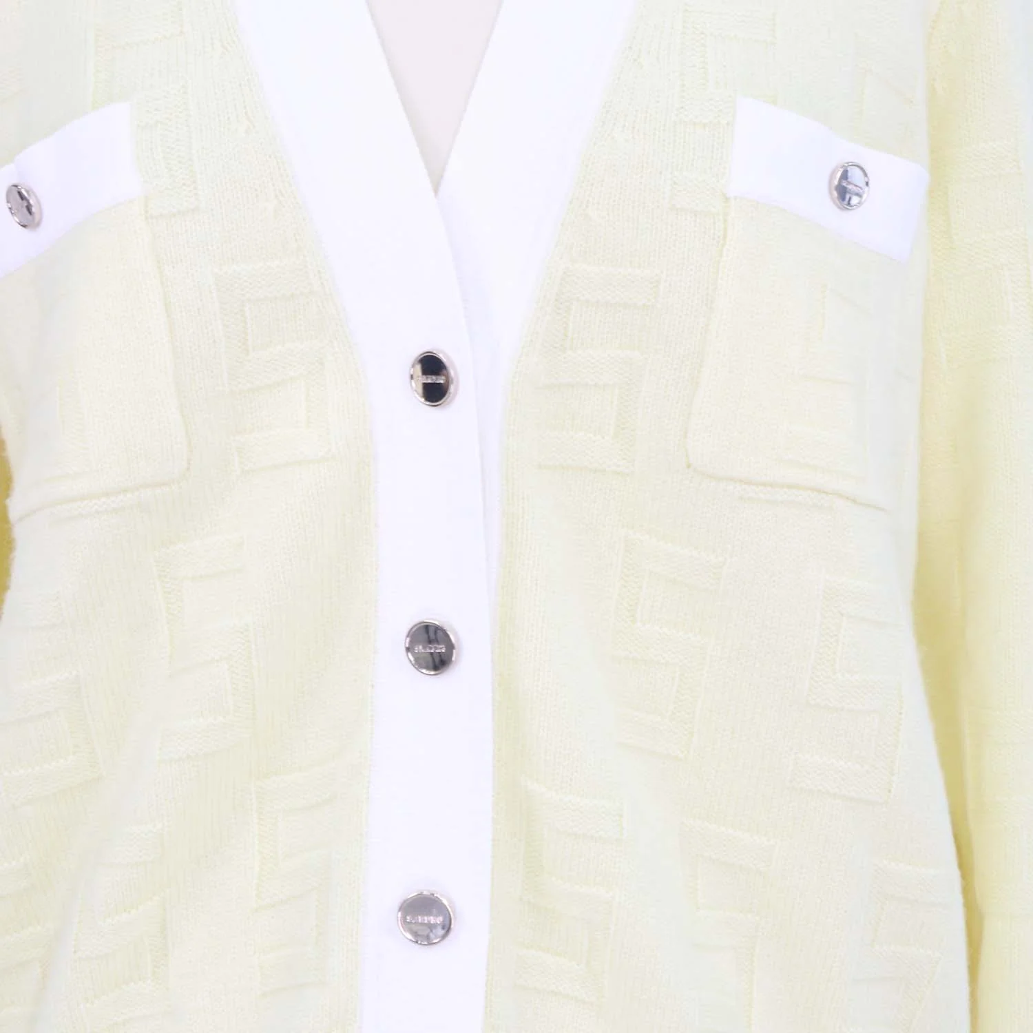 Sandro Yellow, White Wool Cashmere Monogram V Neck Cardigan