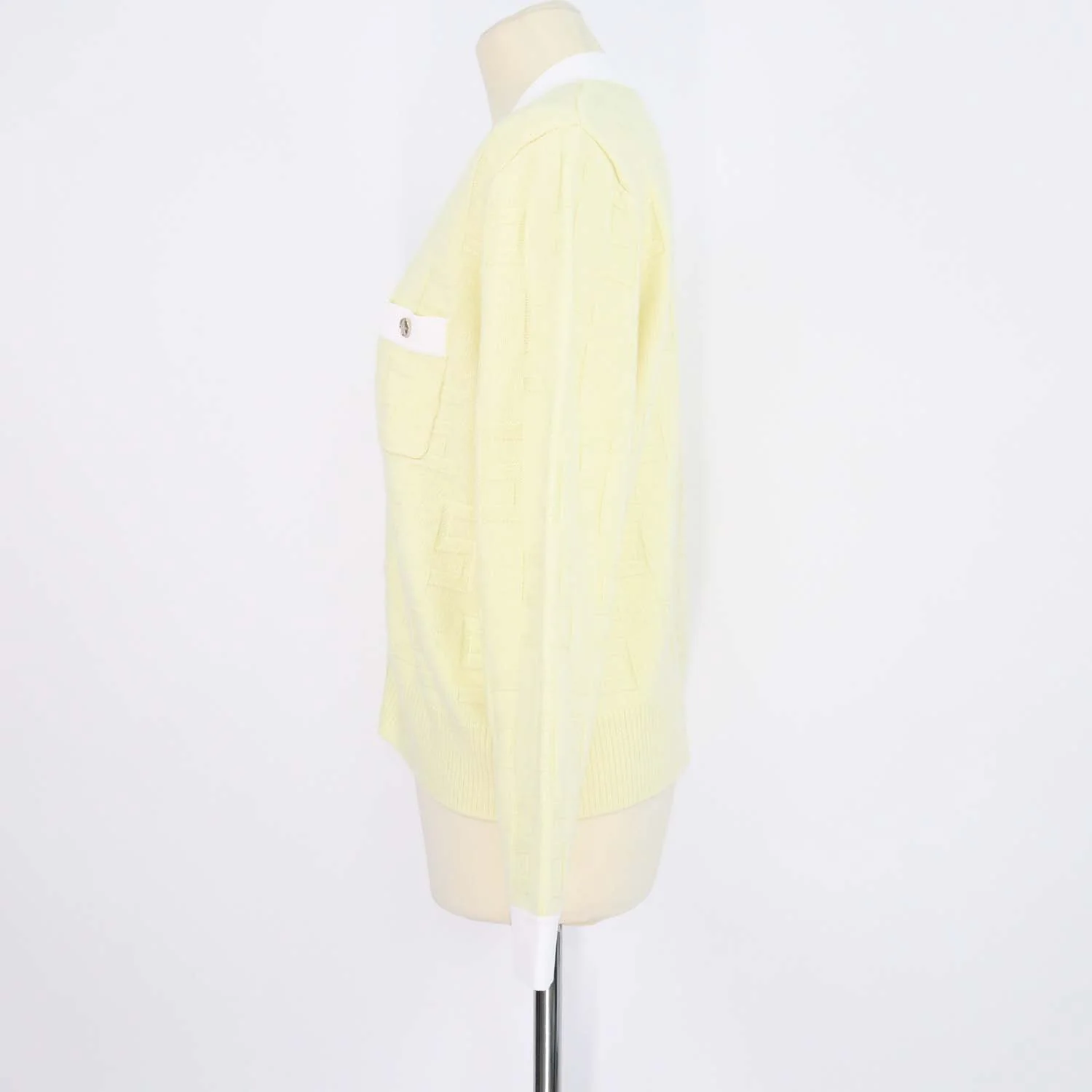 Sandro Yellow, White Wool Cashmere Monogram V Neck Cardigan
