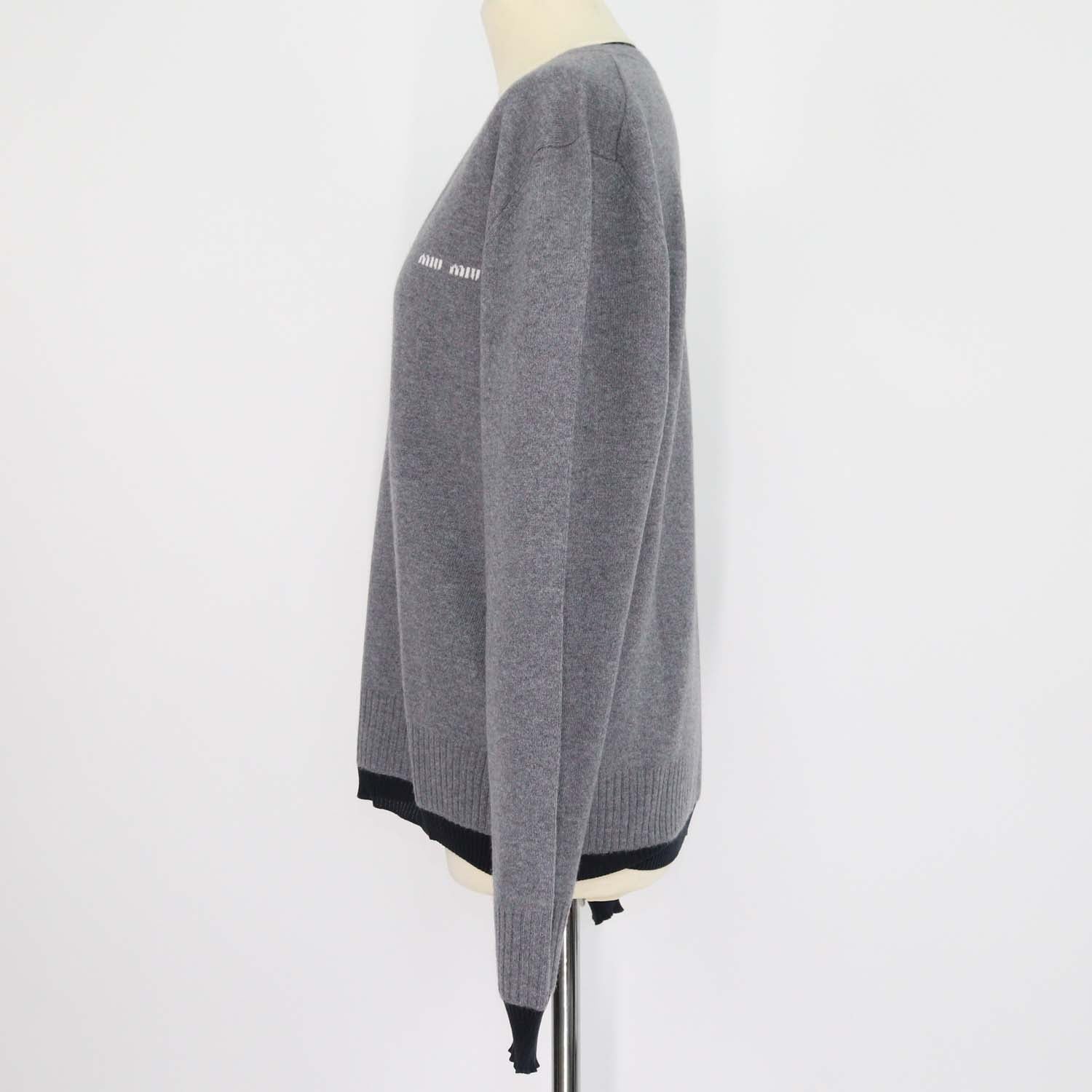 Miu Miu Grey,Navy Blue Cashmere and Silk V Neck Sweater