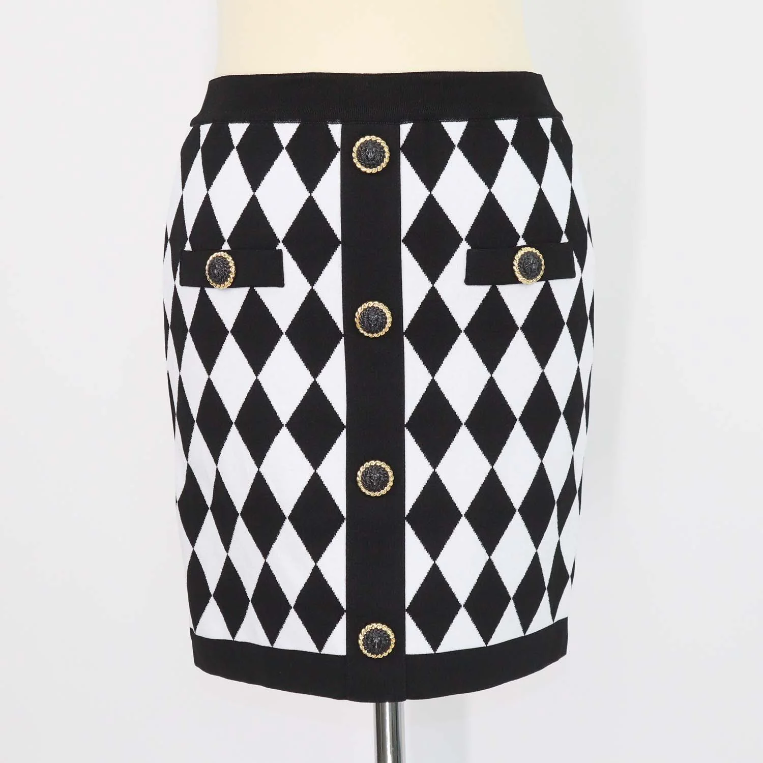 Balmain Black, White Blend Viscose Diamond Pattern Knit Mini Skirt