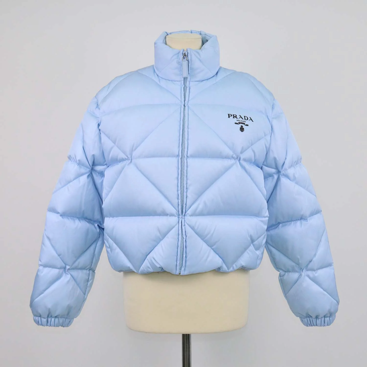 Prada Light Blue Quilted Re-Nylon Puffer Cropped Down Jacket
