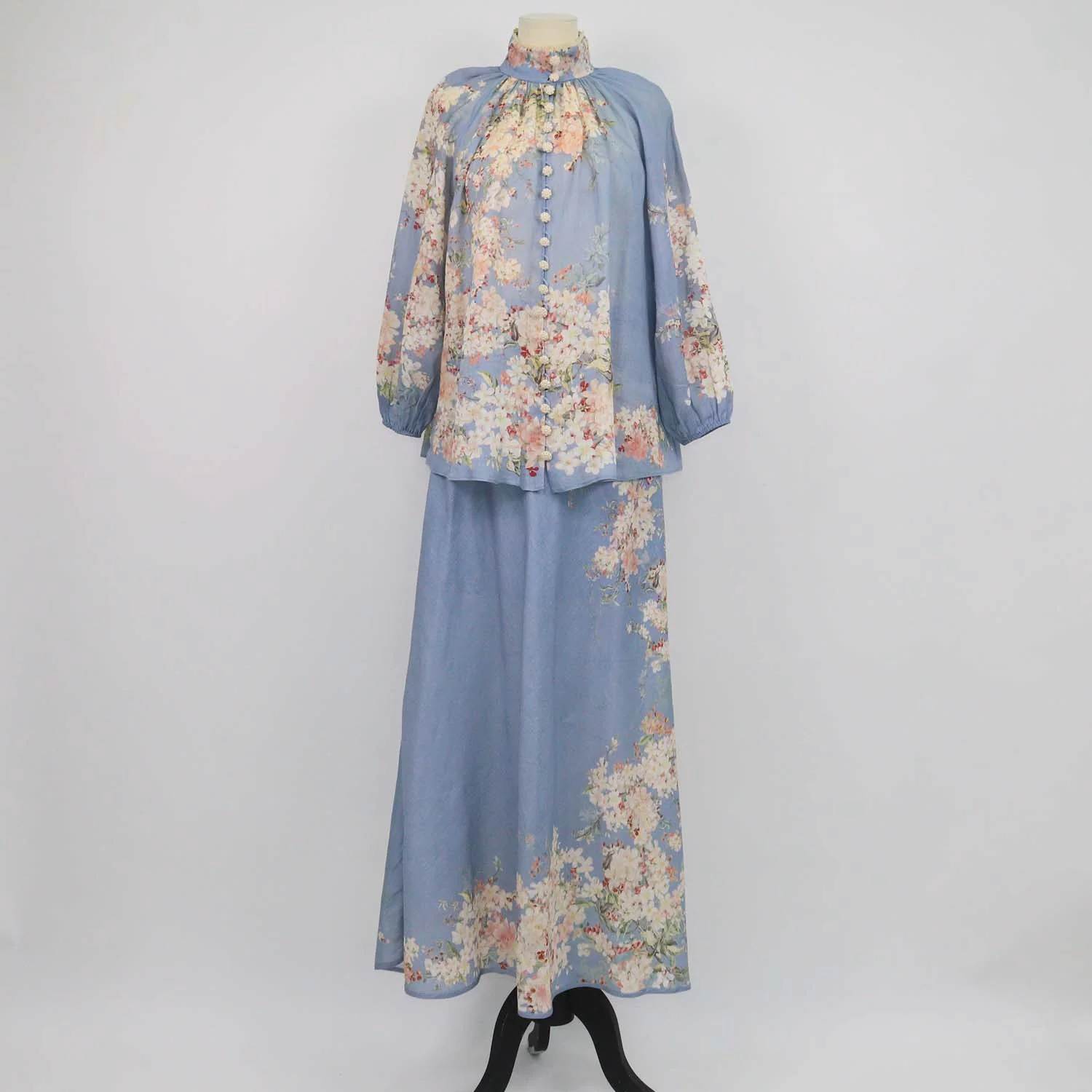 Zimmermann Blue Floral Print Ramie Cascadian Bias Blouse and Skirt Set