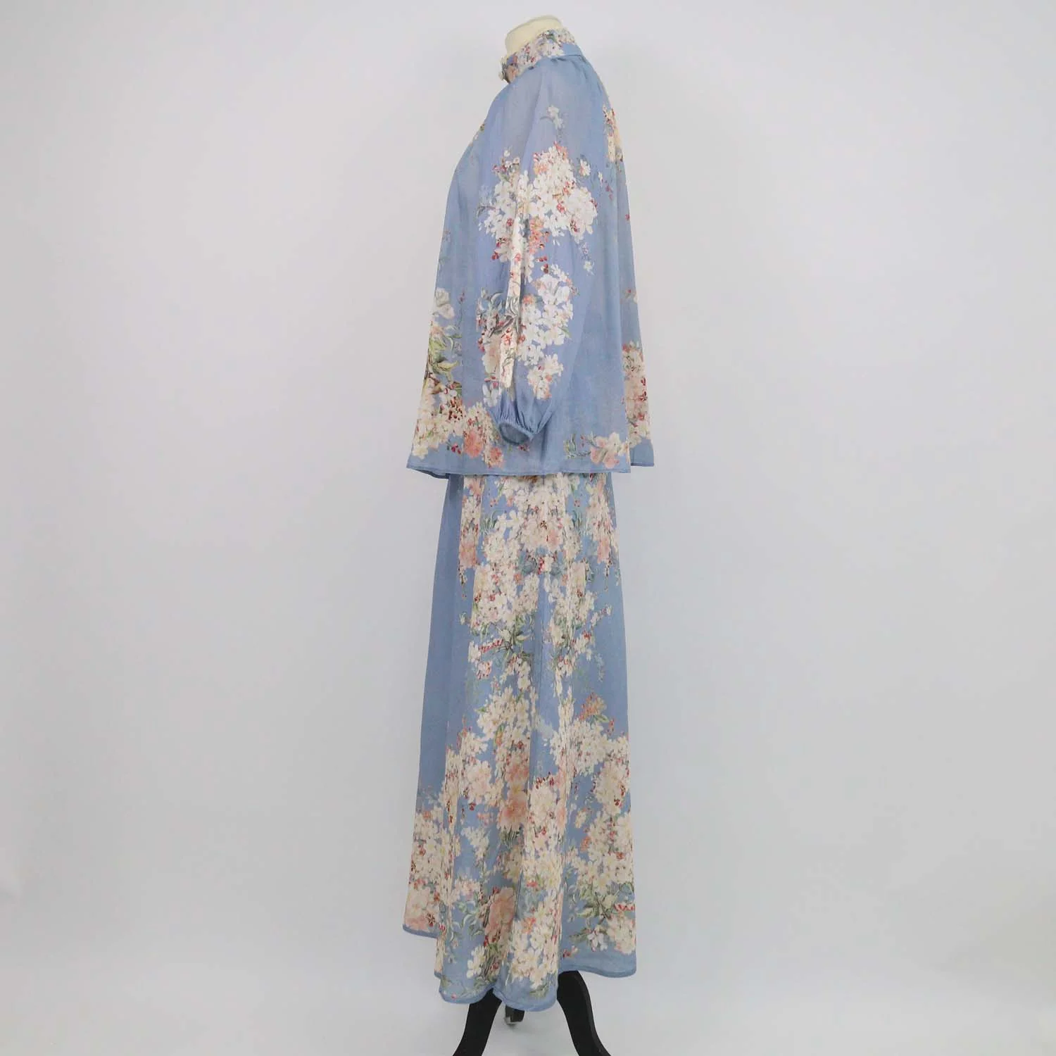 Zimmermann Blue Floral Print Ramie Cascadian Bias Blouse and Skirt Set