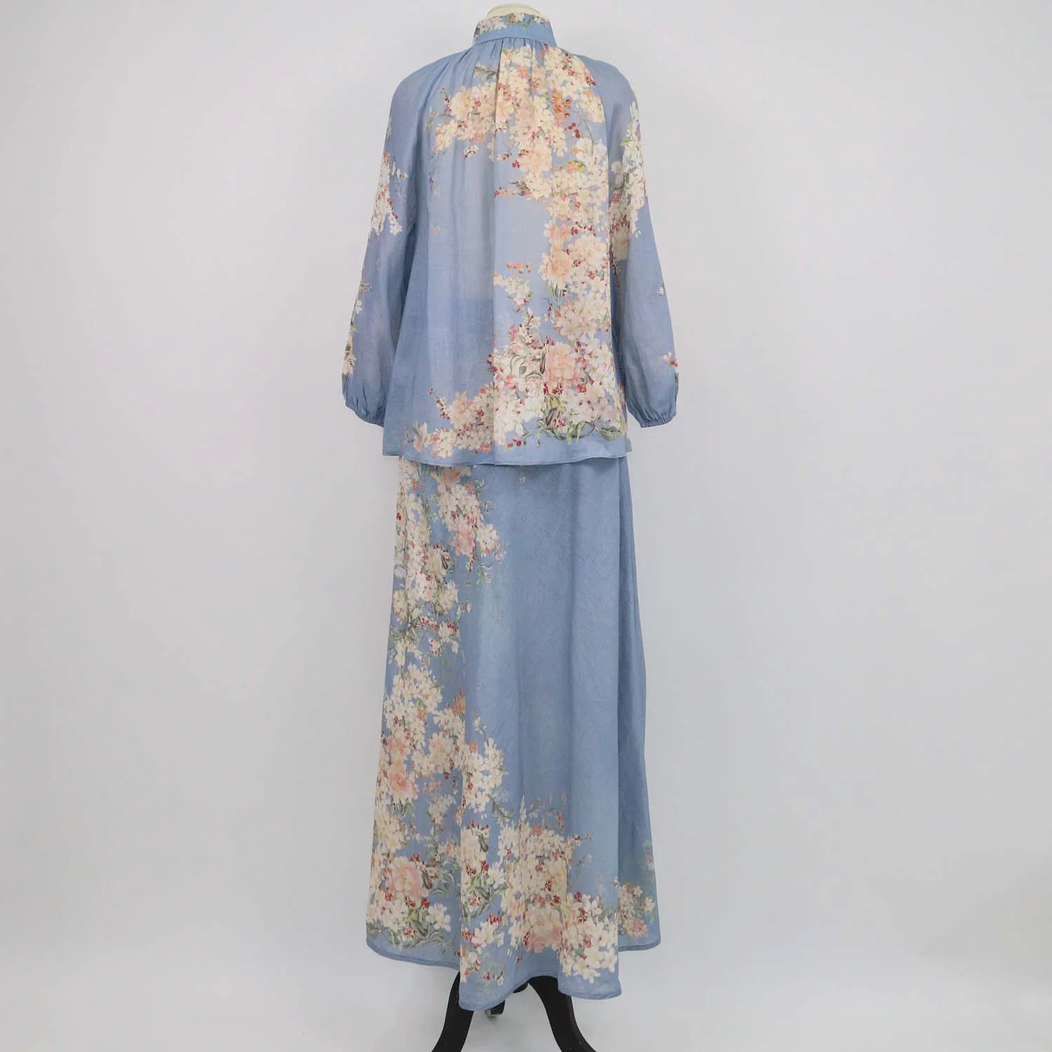 Zimmermann Blue Floral Print Ramie Cascadian Bias Blouse and Skirt Set