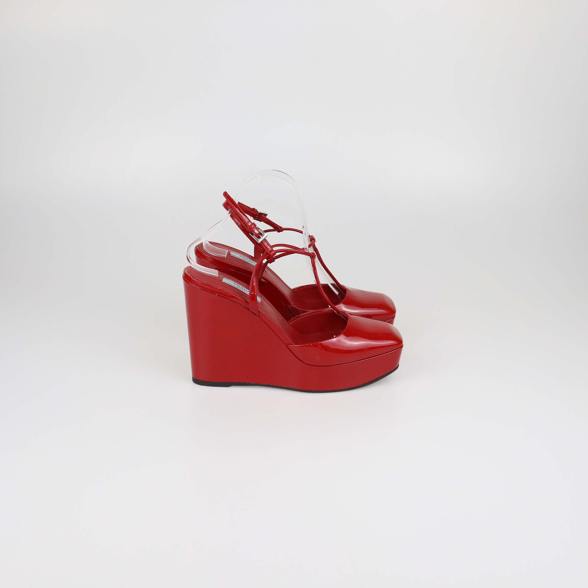 Prada Red Patent Leather T-Strap Wedge Pumps