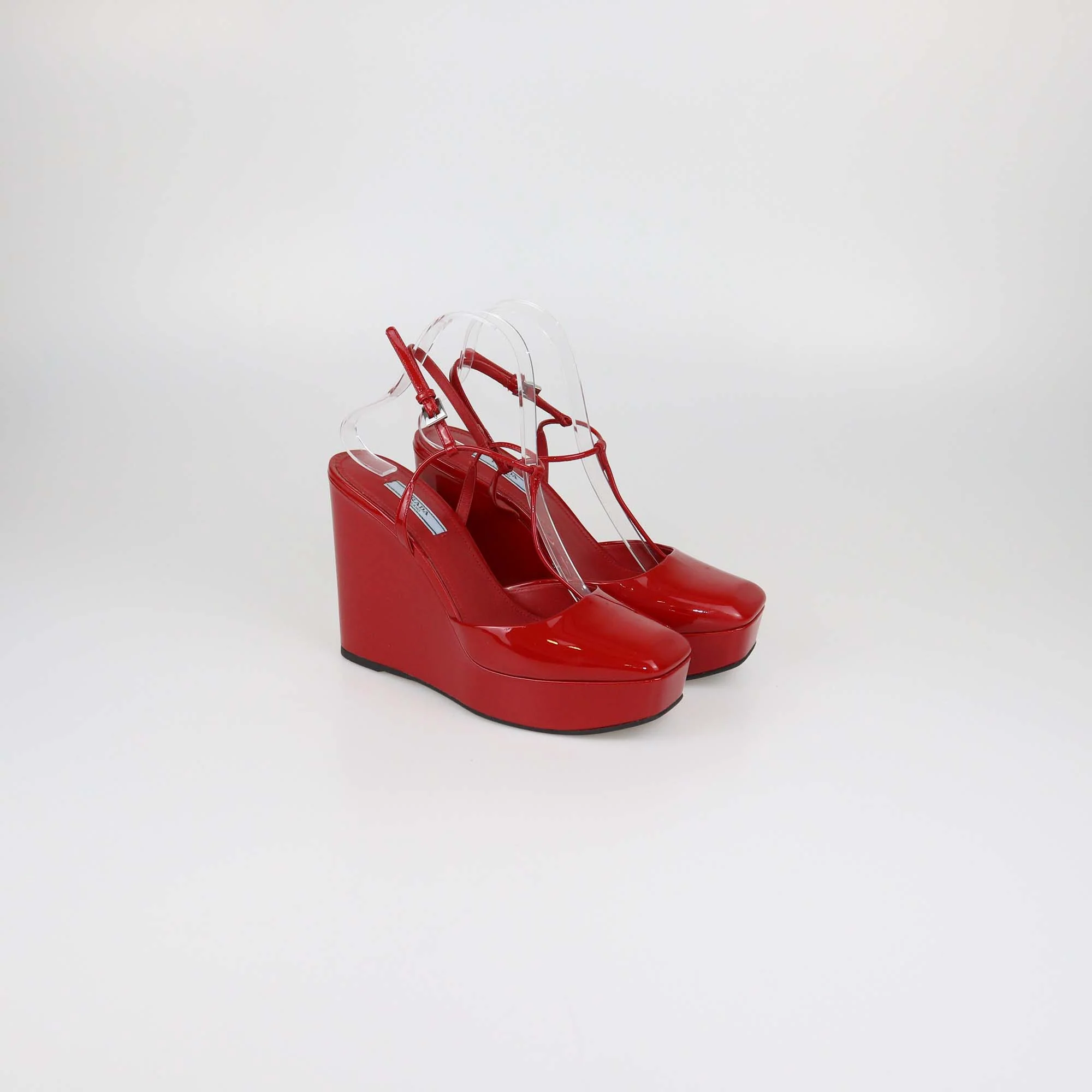 Prada Red Patent Leather T-Strap Wedge Pumps