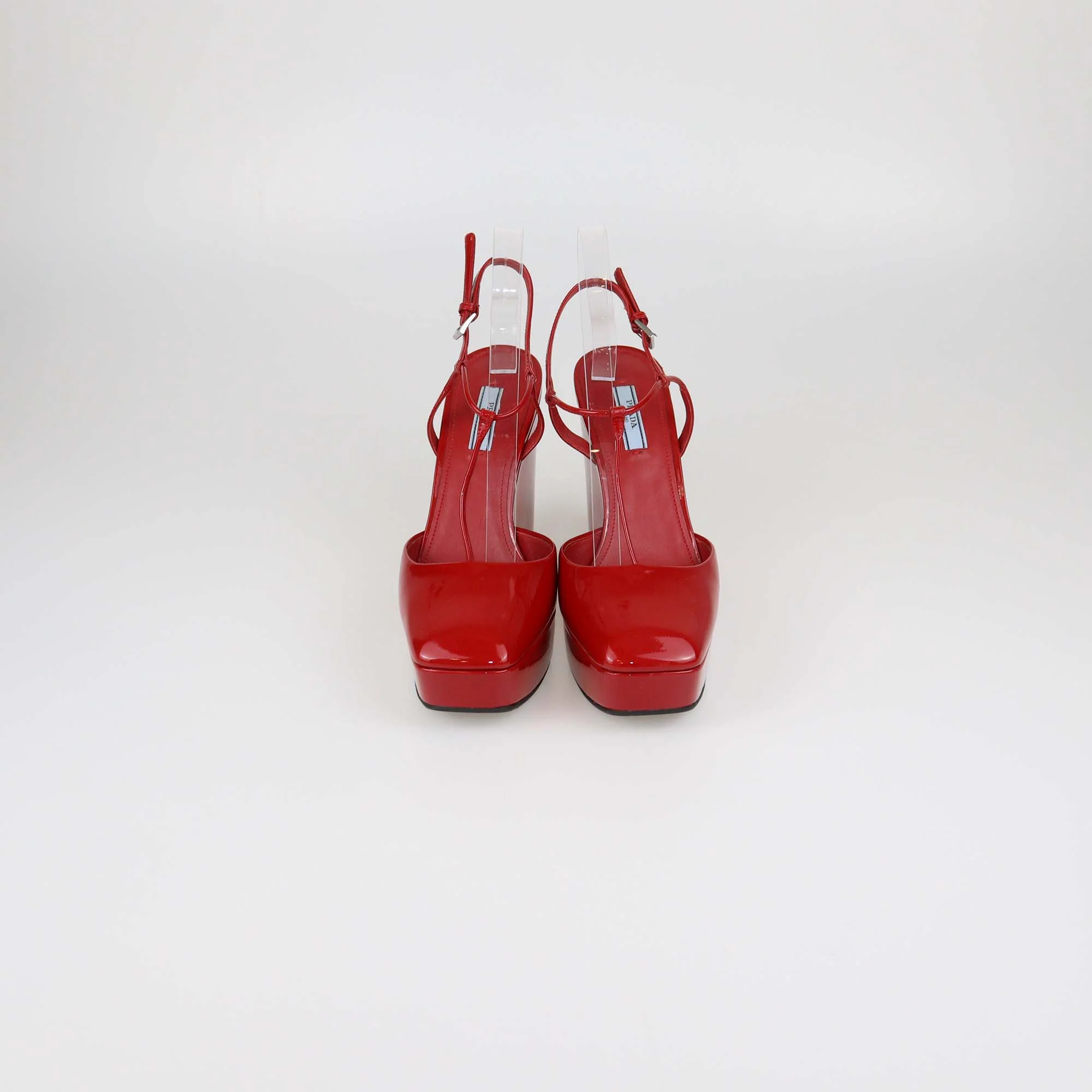 Prada Red Patent Leather T-Strap Wedge Pumps