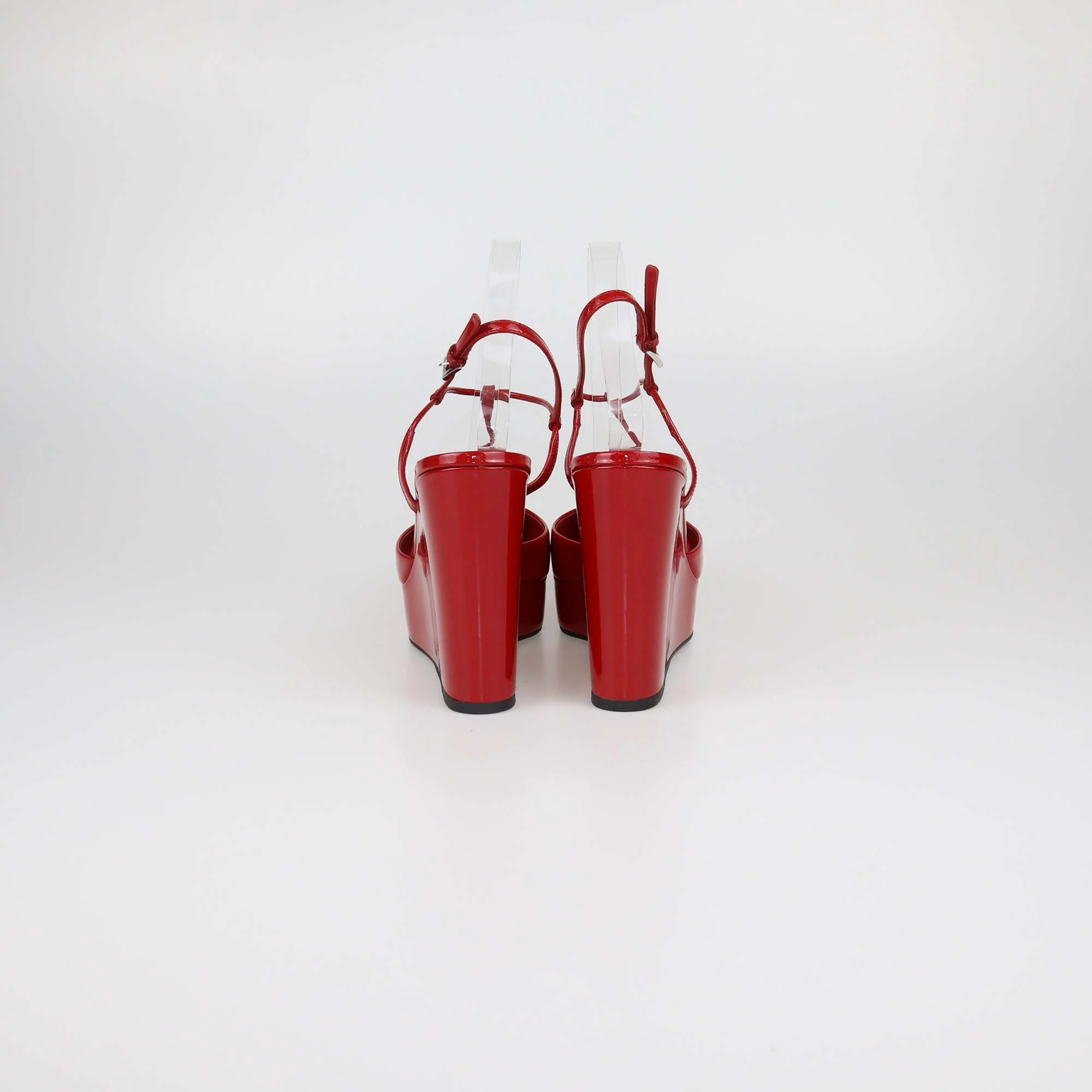 Prada Red Patent Leather T-Strap Wedge Pumps