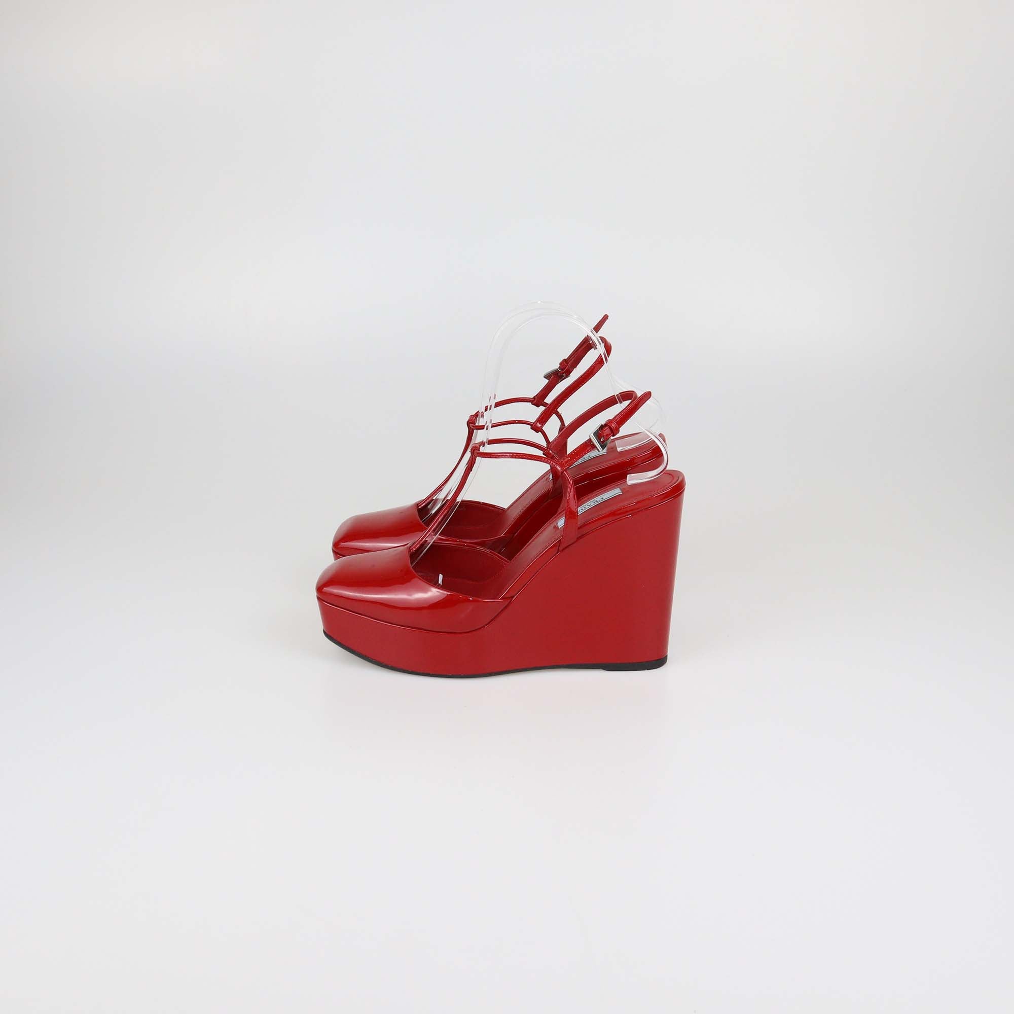 Prada Red Patent Leather T-Strap Wedge Pumps