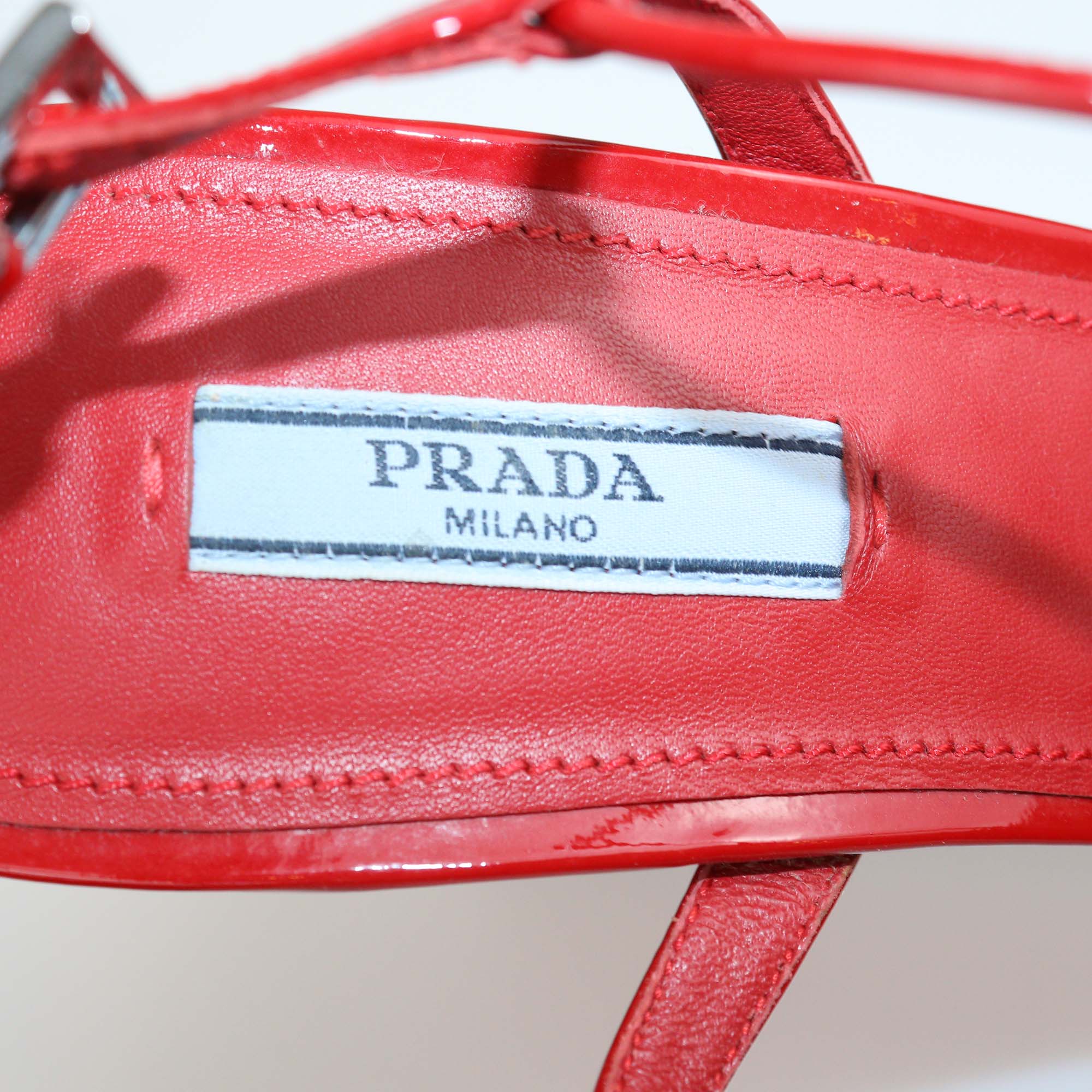 Prada Red Patent Leather T-Strap Wedge Pumps